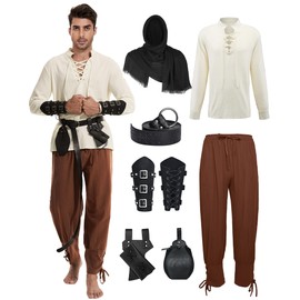 7 Pcs Men's Renaissance Costume Medieval Pirate Shirt Ankle Banded Pants Viking Costume Accessories Set (Red, Medium)