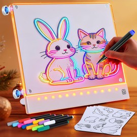 Rechargeable LED Drawing Board for Kids with Tracing Pages, Lumi Board Magnetic Light Up Acrylic Dry Erase Board, LED Note Board with 4 Magnets and Built-in Stand Christmas Gift Toy for Kids/Girls