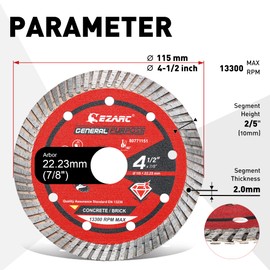 EZARC 4.5 inch Diamond Blade, Turbo Diamond Saw Blades for Angle Grinder, 4.5" Stone Blade for Fast Cutting Porcelain Granite Marble Brick(2-Pack)