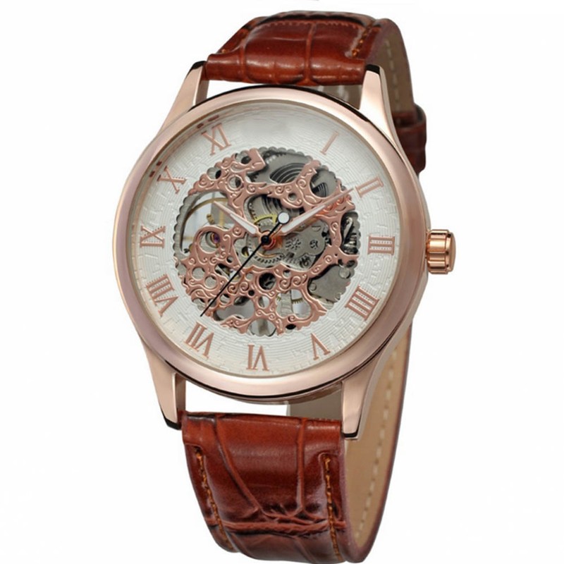 FORSINING Hollow Automatic Mechanical Men Watch(White Dial Rose Gold Number