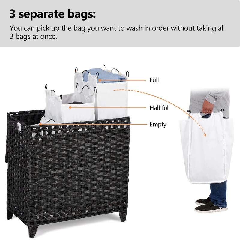Laundry Hamper with 3 Removable Liner Bags; 132L Handwoven Rattan