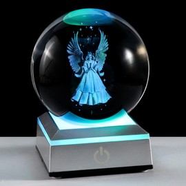 Ornalrist 3.15" Crystal Ball Engraved 3D Cat with Butterfly Figurine Collectible Paperweight with LED Base, Glass Sphere Cat Lover Gifts for Women Men Home Decor