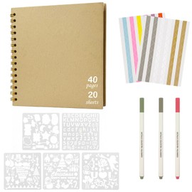 Scrap Book Photo Album 20 Pages 20.5x20.5 cm Hardcover Kraft Paper Scrap Book with scrapbook Accessories 3pcs Metallic Marker Pens,204 Photo Corners & 5 Stencils for Your Wedding Scrapbooking Albums