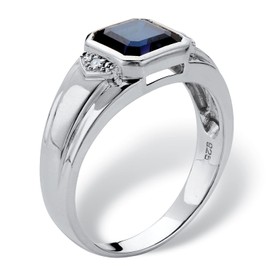 Men's Platinum over Sterling Silver Simulated Blue Sapphire and Diamond Accent Ring Size 8