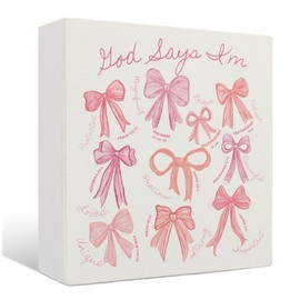 Nrleey Coquette Bow Wooden Sign - Coquette Room Decor, Pink God Says I Am Wooden Box Signs, Preppy Coquette Bow Bible Verse Decor, Inspirational Christian Gifts for Women, 5 X 5 Inches (1)