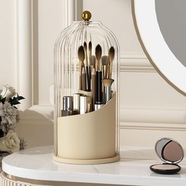 Lightweight Design Clear Makeup Brush Storage Box, 360 Degree Rotatable Makeup Brush Holder, Makeup Brush Organizer for Home & Travel, Christmas, Christmas Gift - Color: Beige