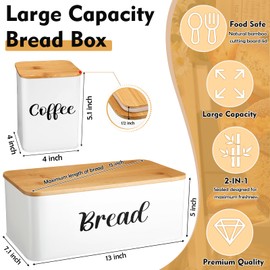 Domensi Metal Bread Box and Ceramic Butter Dish with 3 Airtight Kitchen Canisters Farmhouse Storage Canister Set for Kitchen with Bamboo Cutting Board Lid and Stainless Steel Butter Knife(White)