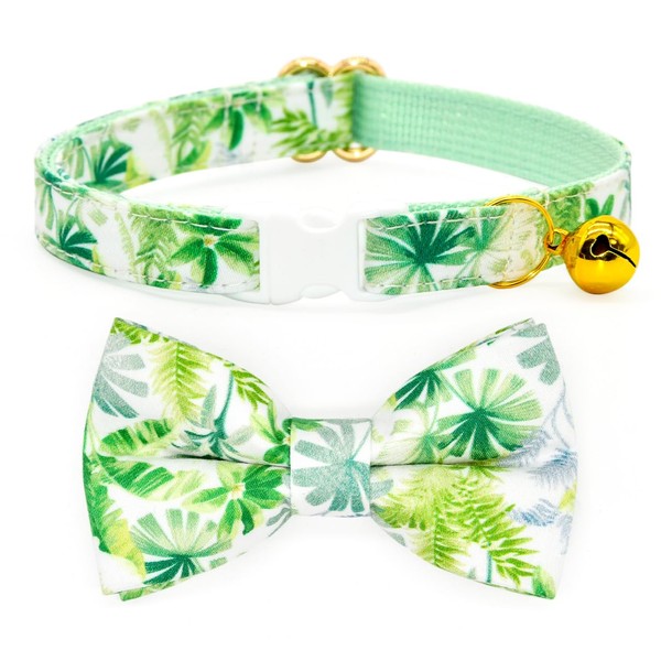 Bow Tie Cat Collar Set, Hawaiian Palm Green,Wedding/Birthday Gift for