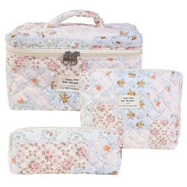 Waltonalice 3-Piece Travel Cosmetic Bag Set, Women's Make-Up Bag, Aesthetic Flowers, Large Toiletry Bag, Cute Makeup Bag, Made of Cotton, Wash Bag, Portable Travel Essentials for Women, Purple