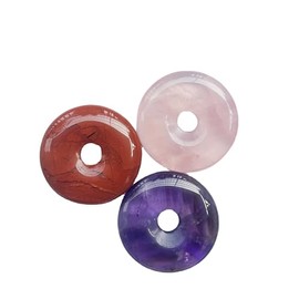 Manekieko Polished Crystal Amulet Peace Circle Doughnut Stone Beads Accessories, Round Large Hole 7 mm Lucky Coin Amulet Peace Circle Healing Crystal Pendant, Stone stone Crystal, Amethyst+Rose
