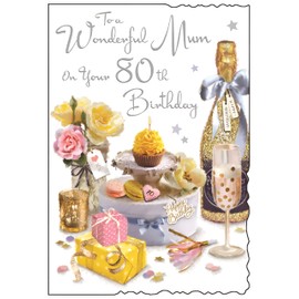 Mum 80th Birthday Card - Wonderful Mum - Age 80 - Special Finishes and Illustrated Insert Leaf - Artistic Feminine Design - Cupcake and Flowers - Made in the UK