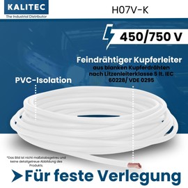 Kalitec 10 m H07V-K 1.5 mm² White Wiring Cable, Flexible Wire Cable, PVC Single Wire, 1.5 mm² Wire, Fine-Strand Wiring, Single Wire, Single Wire, Switch Wire