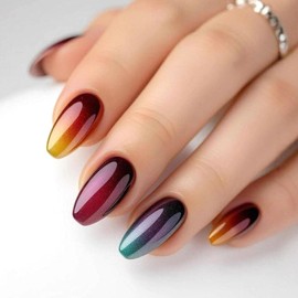 Color Press on Nails Short Coffin Fake Nails with Burgundy Blue Gradient Designs Glossy Nails Press ons Orange Brown Ombre Glue on Nails Acrylic Artificial Stick on Nails for Women 24Pcs