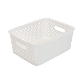 Simplify Small Resin Wicker Tote | Storage Bin | Plastic Organizer | Carrying Handles | Bathroom | Pantry | Accessories | Cleaning Products | White