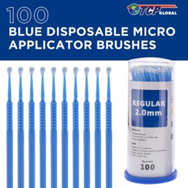 TCP Global Extensión de pestañas Micro Cepillos, 100 Aplicadores de pincel desechable de tamaño mediano de 2 mm, color azul, aplicar maquillaje, pintar retocar