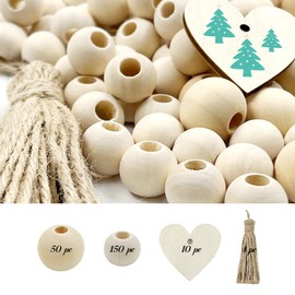 SNAIL GARDEN 200pcs Wooden Beads Set of 2 Sizes (16 mm/20 mm) with 10 Pieces Wooden Hearts and 4 Pieces Tassel Twine, Wooden Craft Beads for DIY Jewellery Making House Farm Party Decoration