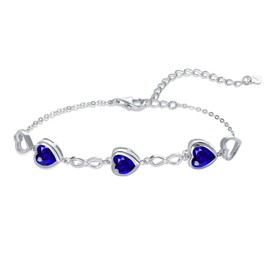 Qings 3 Heart Sapphire Birthstone Bracelet for Women Sterling Silver 925 September Infinity Symbol Adjustable Link Bracelets with Cubic Zirconia Charms Friendship Family Birthday Gifts for Girls Her