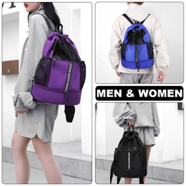 YouNuo Drawstring Backpack, Water-resistant Sports Gym Bag for Women Men, Large String Bag Sackpack Clinch with Ball & Shoes Compartment for Sports, Gym, Travel, Fits Basketball, Football, 2-White