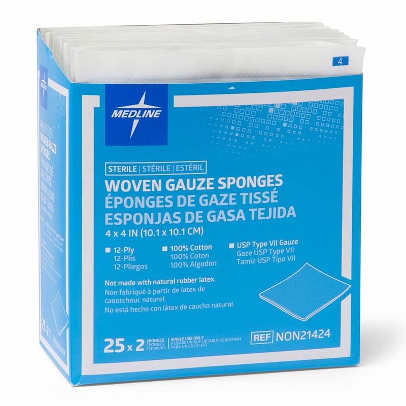 Medline Woven Gauze Sponges, Sterile, 12-Ply, 4 x 4 Inches,