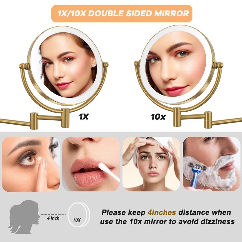 8" Wall Mounted Lighted Makeup Mirror with Magnification Rechargeable, 1X/10X