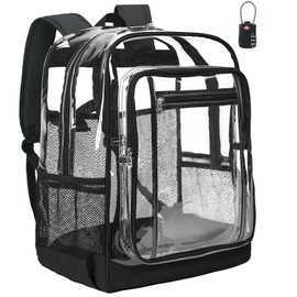 Vorspack Clear Backpack Heavy Duty - Extra Large Clear Backpacks with TSA Lock Transparent See Through Bookbag for College, Work, Travel - Black
