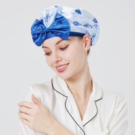Longdon Homeone Gorros de ducha para mujer, con variedad de estampados y diseño de lazo, gorros de baño impermeables de gran tamaño para cabello largo, con doble capa de satén y tela EVA. (Rosa azul)