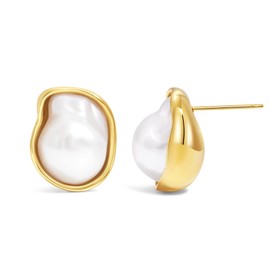 U UWorld Baroque Pearl Earrings for Women 18K Gold Plated 316L Stainless Steel Needle Hypoallergenic Stud Earring 0.8/0.7/0.5 inch Irregular Statement Women's Studs Jewelry, 0.8 Inch, Stainless Steel