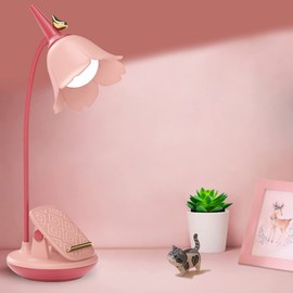KoudHug Pink Desk Lamp with Clamp, Rechargeable LED Small Lamp, Adjustable Gooseneck, Dimmable Cute for Kids Girls Bedroom Dorm Office