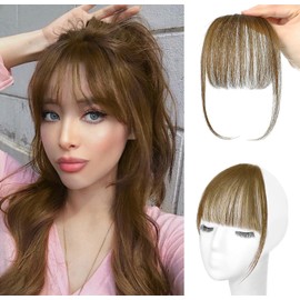 Jijukor Clip In Bangs 100% Human Hair Bangs Wispy Light Brown Clip In Bangs Fringe with Temples Real Human Hair Fake Bangs Extensions for Women Daily Wear