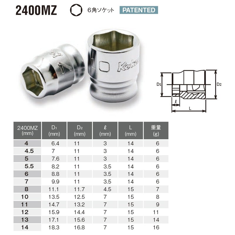 Ko-Ken Tool Co. Z-EAL 2400MZ-14 Hex Socket, Drive Size 0.3