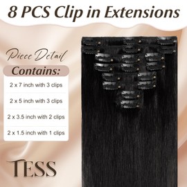 TESS Clip in Hair Extensions Real Human Hair Black Remy Seamless 8 Pieces Straight Short for Women/Girls (#01 Jet Black, 08 Inch 45g)