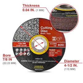 HAUTMEC Metal Cutting Discs 115mm x 1.0mm x 22.23mm 20pcs, Cut Metal, Stainless Steel, Steel and Non-Ferrous Metals, Cut-Off Wheels For Angle Grinder Use HT0014-20PC