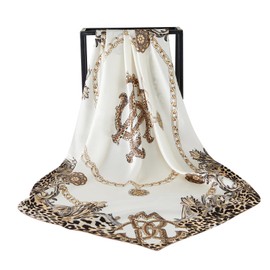 WUZININGLE 43" Large Square Silk Head Scarf Stain Bandanas for Women 100% Silk Scarf for Hair Wrapping at Night White Scarf-Leopard