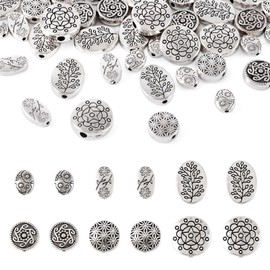 PandaHall 48pcs Antique Silver Spacer Beads Tibetan Style Vintage Flat Round Oval Loose Beads for Bracelet Necklace Jewelry Making