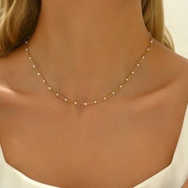 Nawflue Gold Chain for Women 18K Gold Plated Choker Necklace Dainty Satellite Beaded Chain Necklace Stainless Steel Cuban Link Thin Dot Chain Simple Gold Jewelry