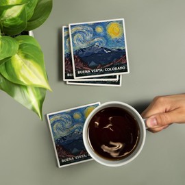 Buena Vista, Colorado, Pikes Peak, Starry Night (Absorbent Ceramic Coasters Set of 4 Matching Images, Cork Back, Kitchen Table Decor)