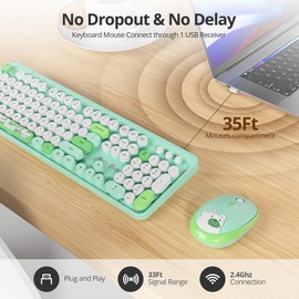 Mosptnspg 2.4G Colorful Keyboard, 104 Key Green Wireless Customized Membrane Round keycaps Retro Typewriter Office Keyboard for PC/Mac/Laptop/Tablet/Computer Windows (Green)