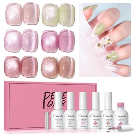 Cat Eye Gel Nail Polish Set 6 Colors Glassy Milky Nude Pink Glitter Transparent Jelly Cateye Magnetic Kit Salon at Home DIY Gifts for Women