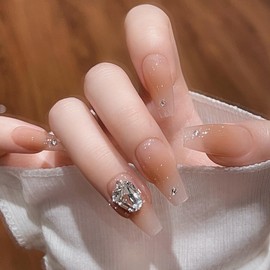 Pure Handmade Nails Press on Nail Reusable Fake Nails Rhinestones Bling Bling Medium Stick on Nails French Tip False Nails 10pcs (L, Q290)