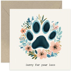 Premium Sympathy Card for Pet Owner - Loss of Dog or Cat, Condolences, Thinking of You at a Hard Time, Sorry - Botanical Floral Paw Print Artwork - Simple Minimalist Design for Men Women
