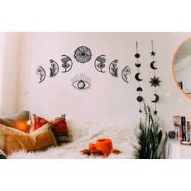 vinatimes 7Pcs Moon Phase Boho Metal Sign Wall Art Home Decor, Black Metal Wall Decor for Living Room, Bedroom, Modern Farmhouse Aesthetic Floral Wall Decor MT-W7-DE-MP