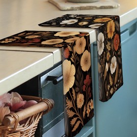 shiviody Dark Moody Floral Kitchen Towels - Mid Century Floral Dish Towels, Wildflower Botanical Decorative Absorbent Dishcloths Hand Towels Set of 2 for Kitchen Bathroom Decor 16x24 Inches