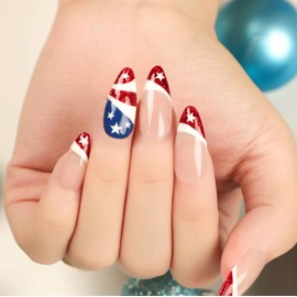 24Pcs 4th of July Press on Nails Medium Almond Independence Day Fake Nails Red Glitter French Tip False Nails with Star Designs Full Cover Stick on Nails Acrylic Patriotic Artificial Nails for Women