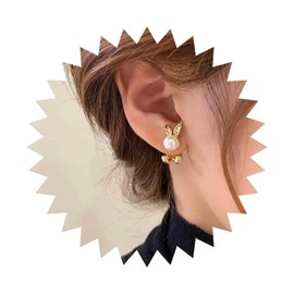 Dervivea Bohemia Pearl Rabbit Ear Jacket Earrings Gold Rabbit Stud Earrings Pearl Bunny Earrings Cute Animal Rabbit Earrings Round Pearl Earrings Jewelry for Women and Girls