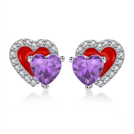 Qings February Birthstone Amethyst Stud Earrings 925 Sterling Silver Red Enamel Double Heart Purple CZ Dainty Birthdays Gifts for Girlfriend Daughter