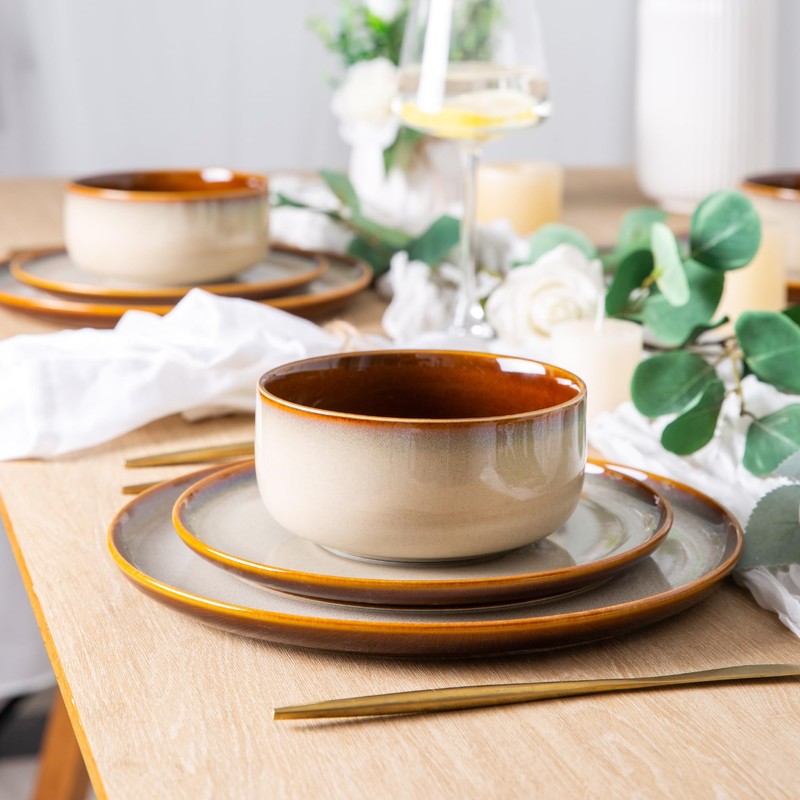 LeRatio Ceramic Dinnerware Sets for 6,Poreclain Plates and Bowls Sets,Handmade