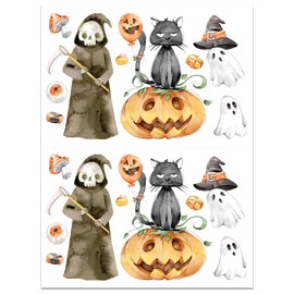 Supperb Temporary Tattoos - Watercolor Halloween Tattoos, white skull ghost, punkin, Cat Tattoos (Set of 2)