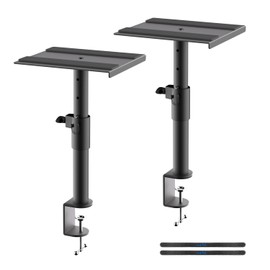 suptek Clamp-on Speaker Stand Desk Mount Set, Height Adjustment, Swivel, 9.6 x 8.8 inch Trays, Universal Audio Holders for Computer and Bookshelf Speakers, Elevated Sound, 2 Pack, Black, SDM001G