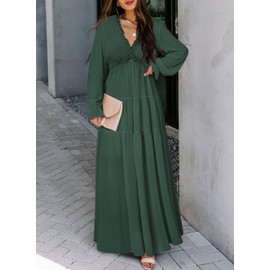 BLENCOT Womens Casual Boho Floral V Neck Long Sleeve Long Evening Dress Maxi Wedding Dresses Printed Solid Dark Green S