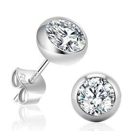 HAINBAG Cubic Zirconia Stud Earrings: 6.5mm/1ct Round Cut Simulated Diamond CZ Studs for Women Men 18K White Gold Plated Sterling Silver Earrings